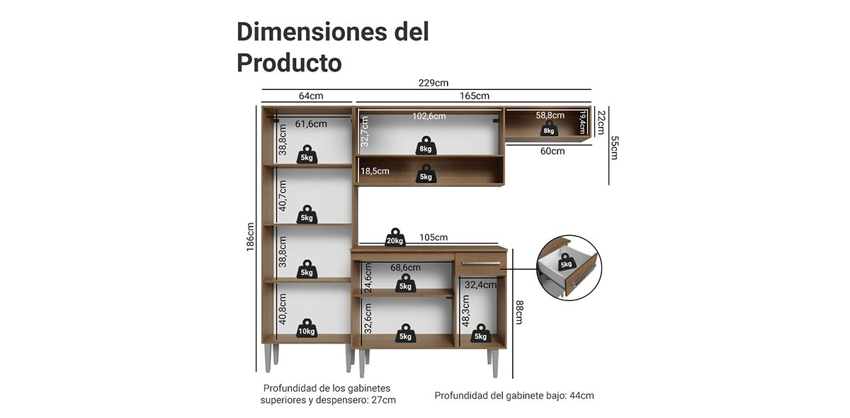Cocina 229 cm Eloise Gris