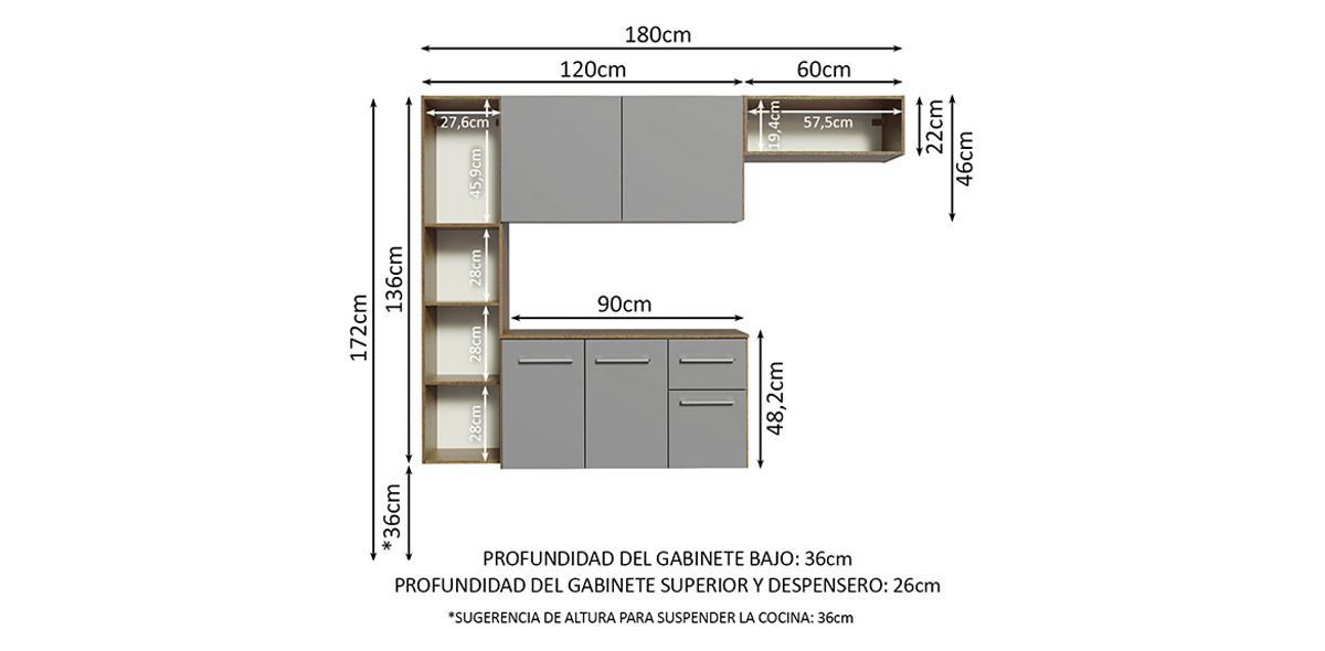 Cocina 180 cm Eugene Gris