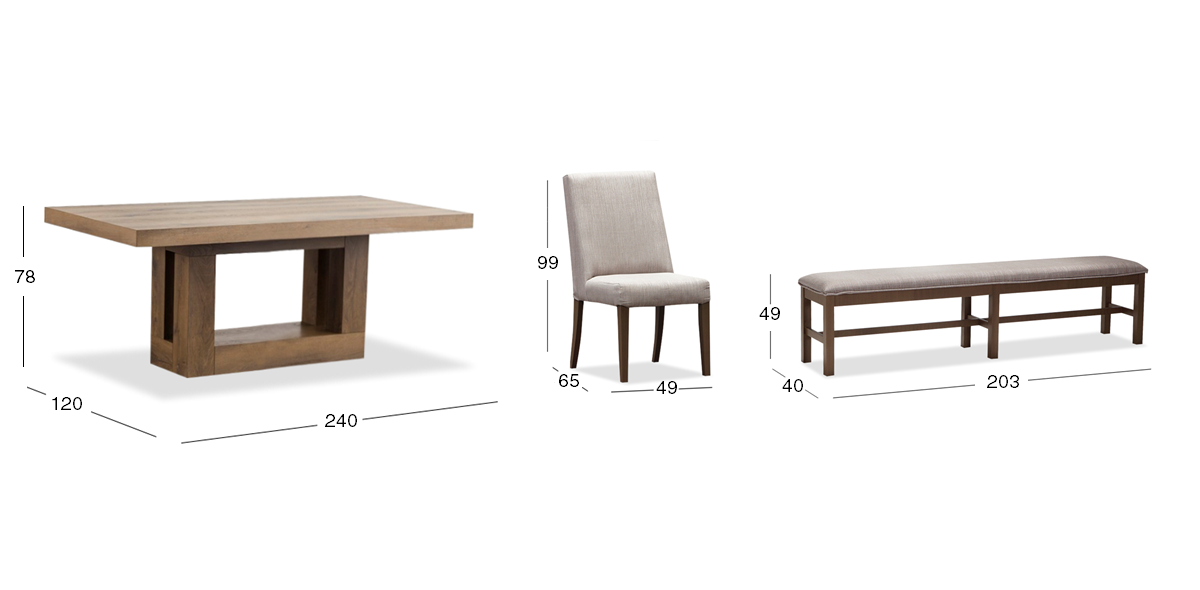 Comedor 240 cm Anka con 5 Sillas y Banca 200 cm Beige