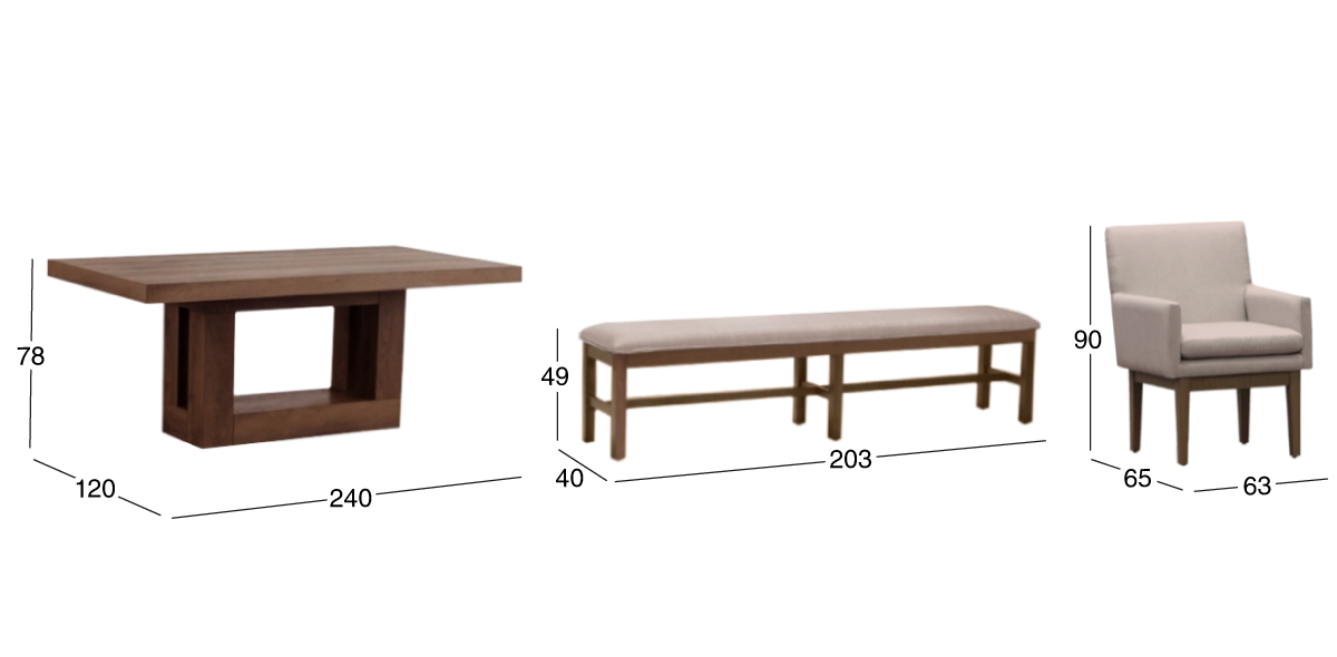 Comedor 240 cm Anka con 2 Sillones y 2 Bancas 200 cm Beige