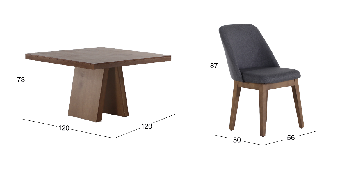 Comedor Cuadrado 120 cm Odette con 4 Sillas Olaf Gris