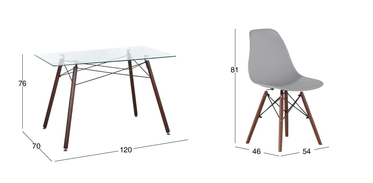 Comedor Rectangular 120 x 70 cm Atlas Café y 4 Sillas Gris