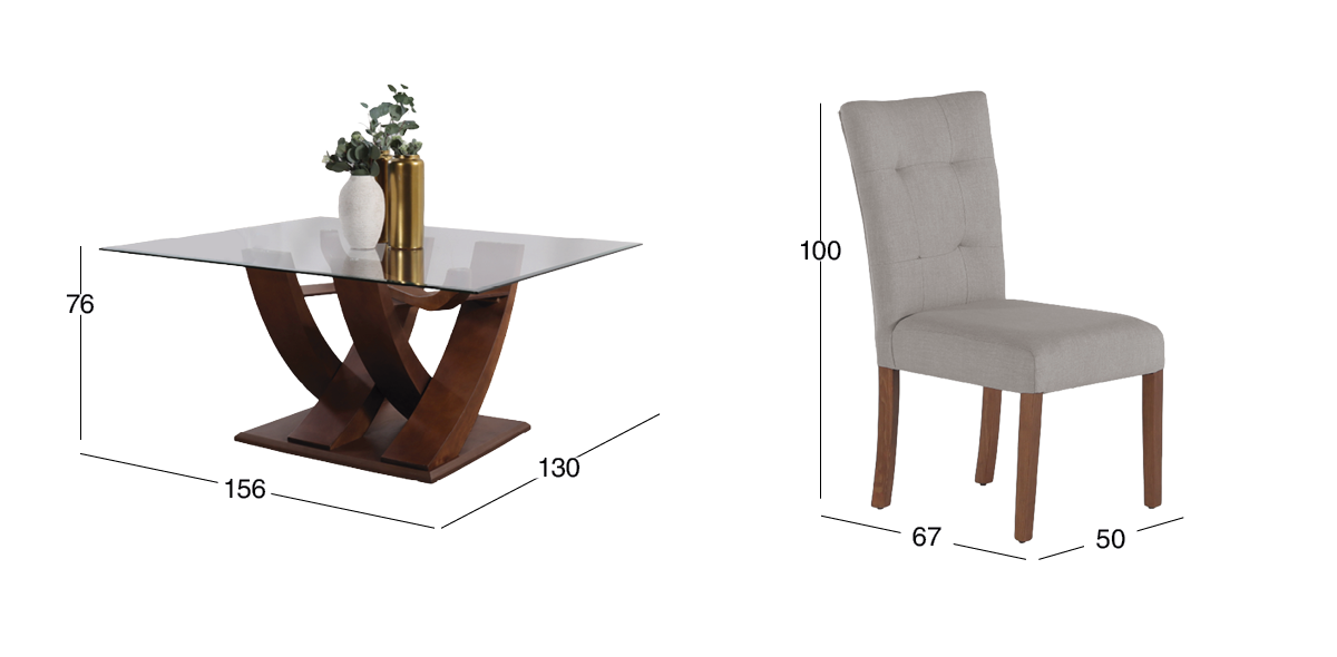 Comedor Rectangular 160 x 130 cm de Cristal Góndola Café y 6 Sillas Beige