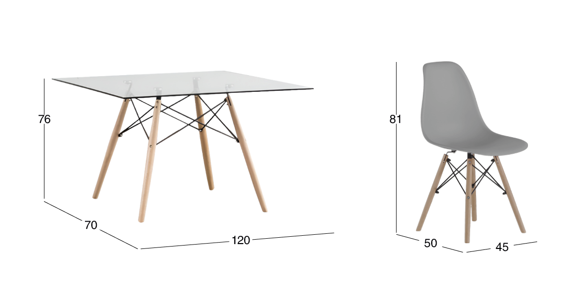 Comedor Rectangular 120 x 70 cm Atlas Natural y 4 Sillas Gris