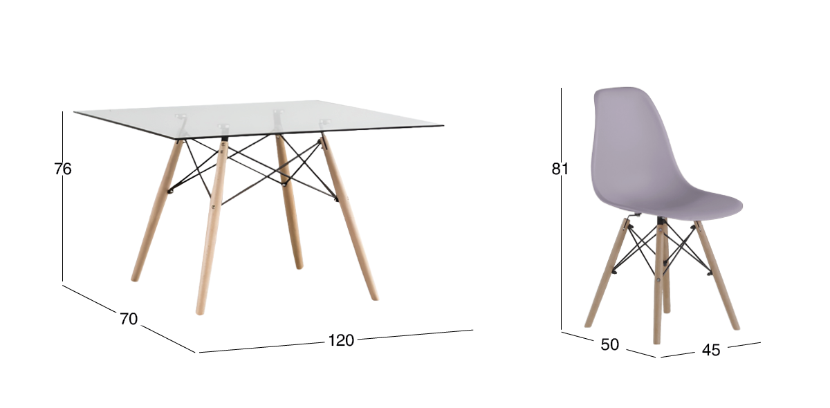 Comedor Rectangular 120 x 70 cm Atlas Natural y 4 Sillas Morado