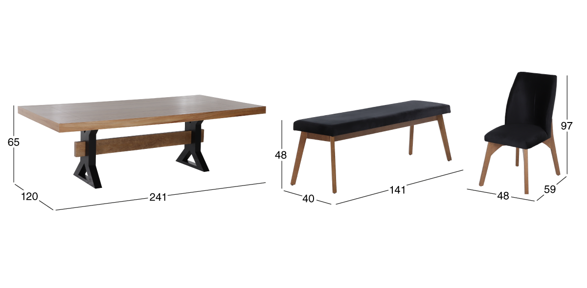 Comedor 240 cm Estocolmo con 4 Sillas y Banca Negro