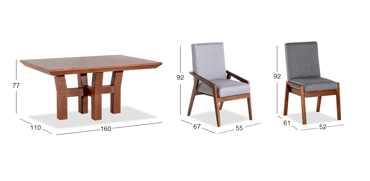 Comedor 160 cm Kansas con 2 Sillas y 2 Sillones Gris