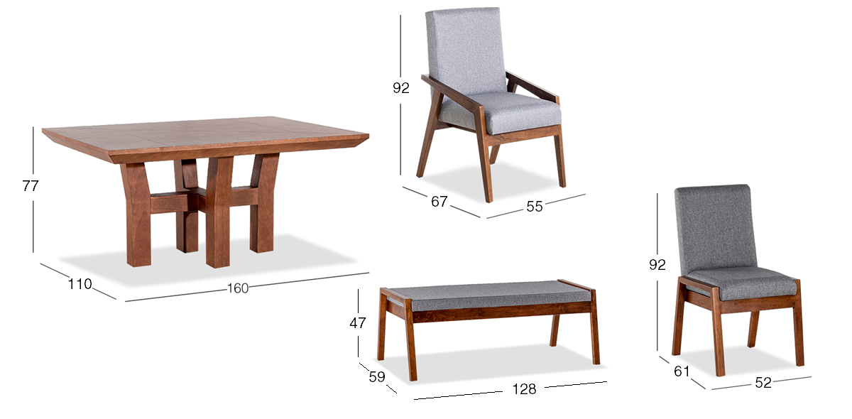 Comedor 160 cm Kansas con 2 Sillas, 2 Sillones y Banca Gris