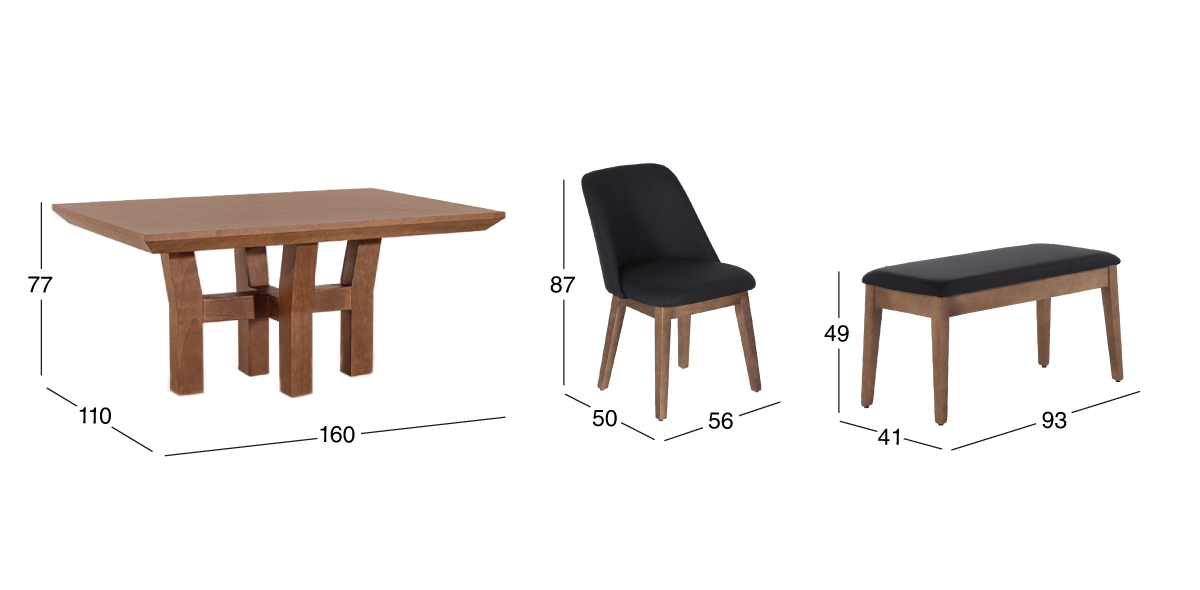 Comedor 160 cm Kansas con 4 Sillas y Banca Olaf Gris Oxford