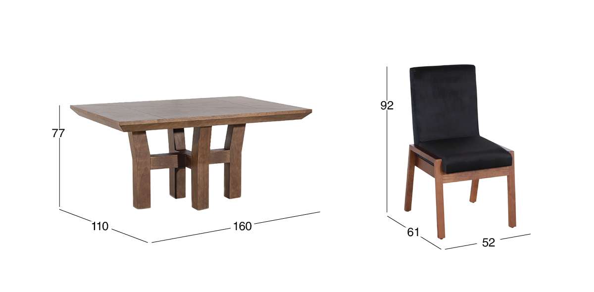 Comedor 160 x 110 cm Kansas con 4 Sillas Negro