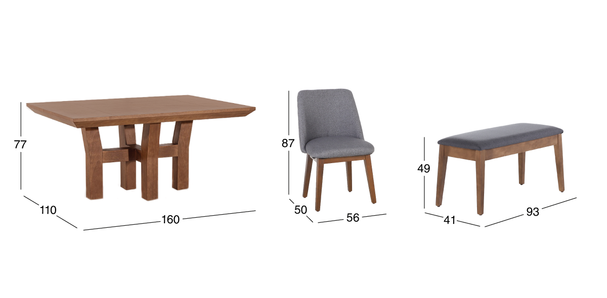Comedor 160 cm Kansas con 4 Sillas y Banca Olaf Gris