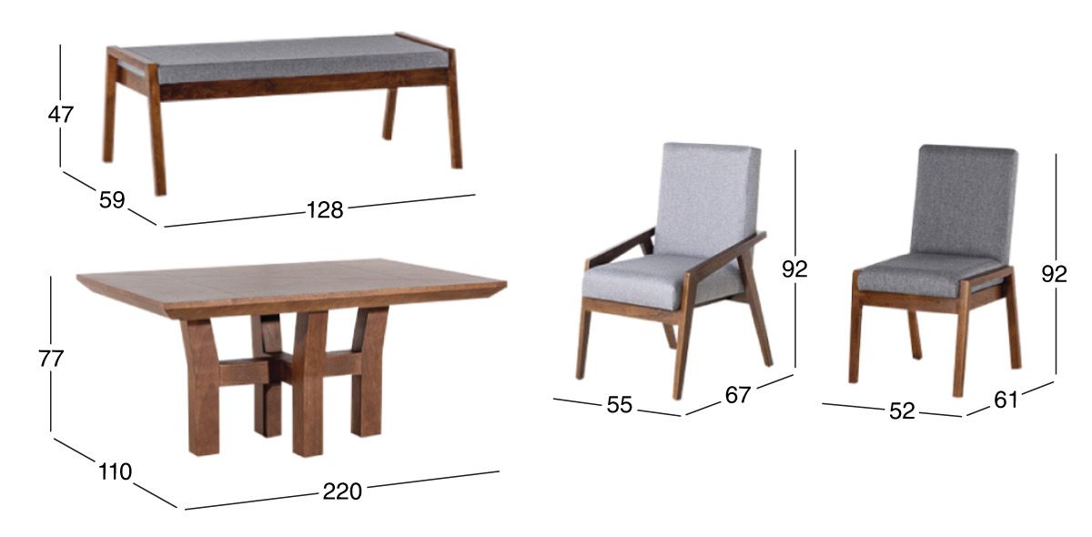 Comedor 220 cm Kansas con 3 Sillas, 2 Sillones y Banca Gris