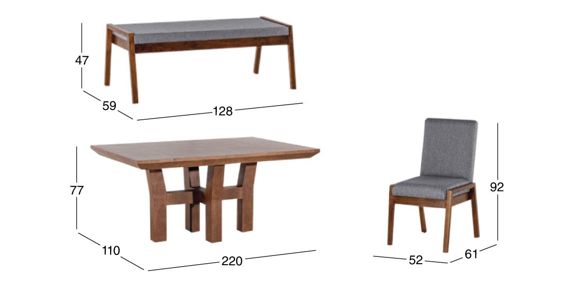 Comedor 220 cm Kansas con 4 Sillas y Banca Gris