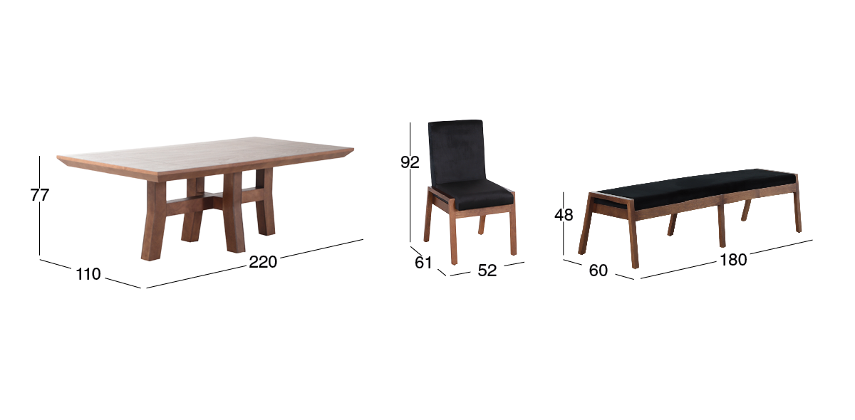 Comedor 220 x 110 cm Kansas con 4 Sillas y Banca 180 cm Negro