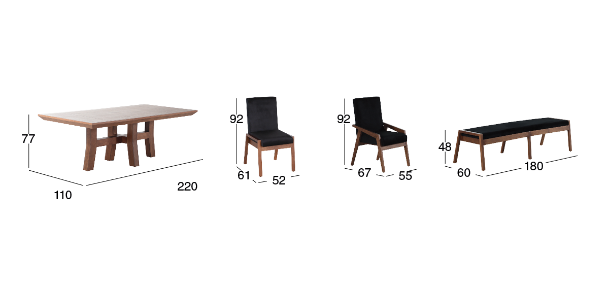 Comedor 220 x 110 cm Kansas con 3 Sillas, 2 Sillones y Banca 180 cm Negro