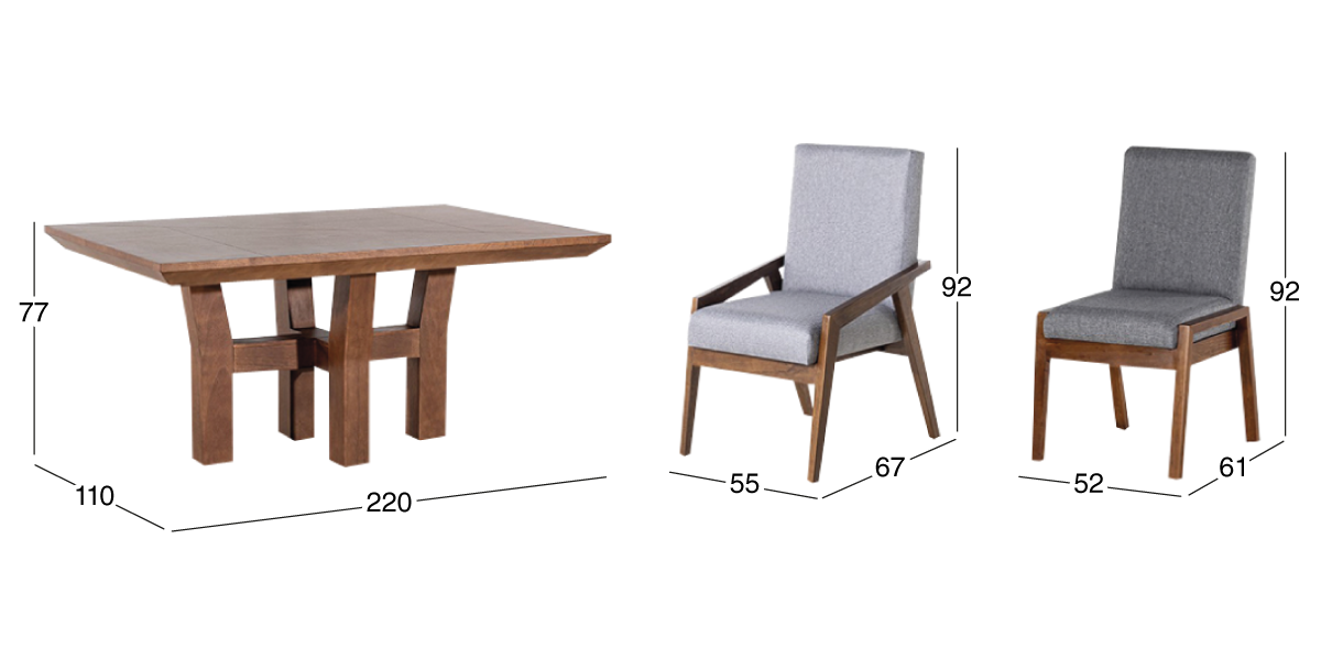 Comedor 220 cm Kansas con 4 Sillas y 2 Sillones Gris