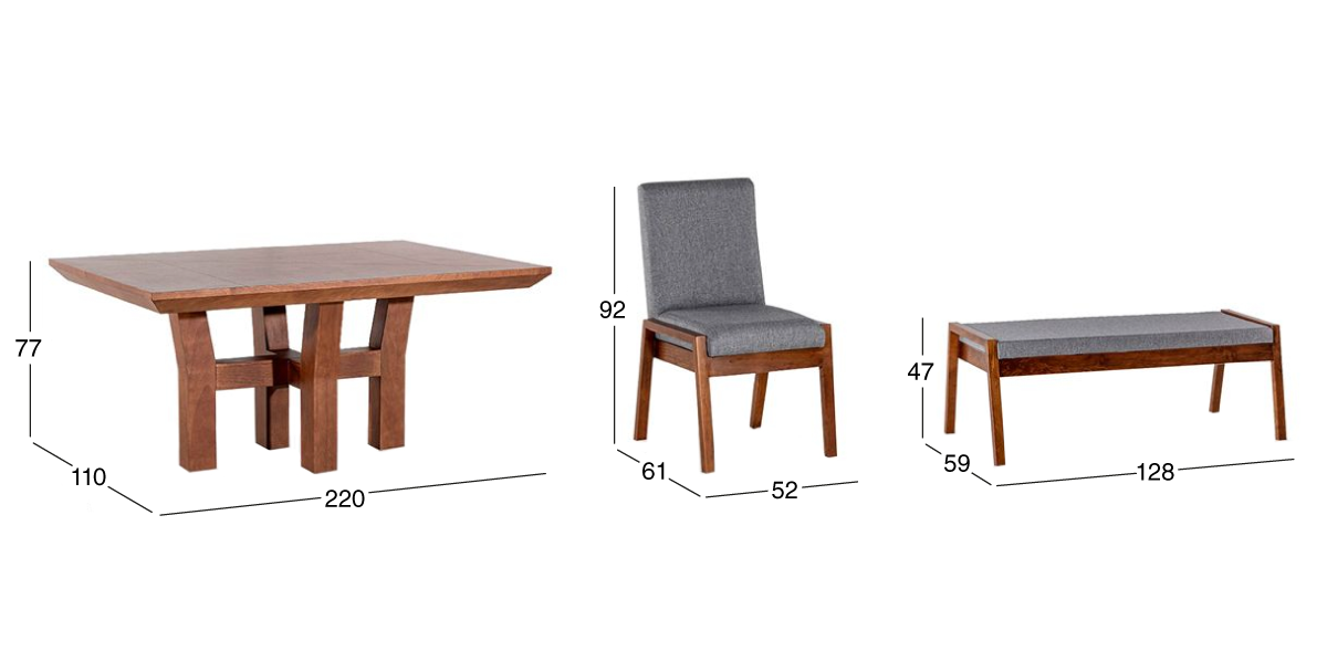 Comedor 220 cm Kansas con 2 Sillas y 2 Bancas Gris