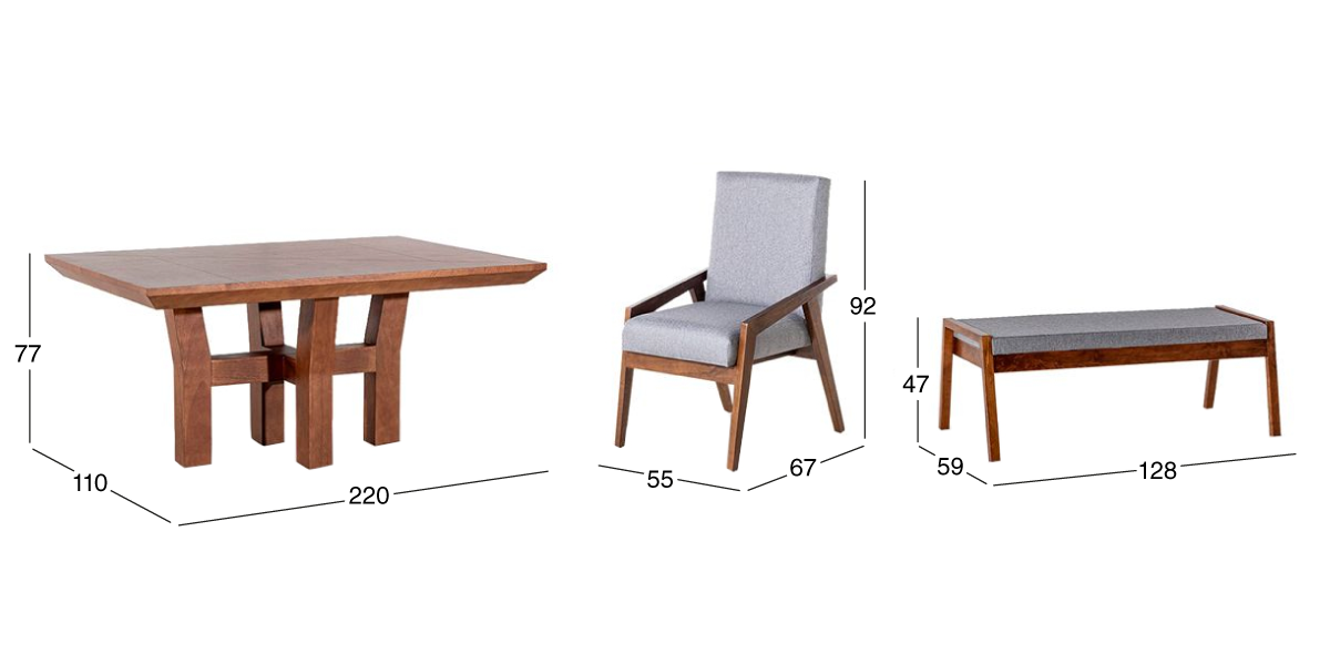 Comedor 220 cm Kansas con 5 Sillones y Banca Gris