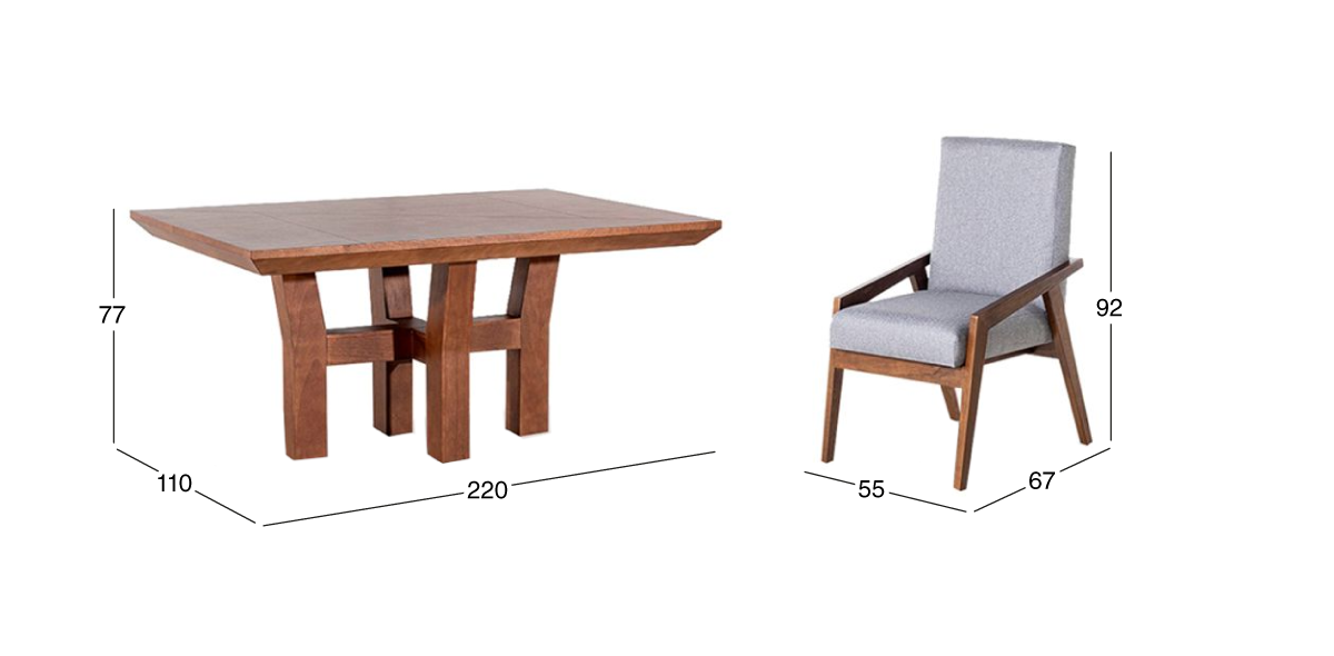 Comedor 220 cm Kansas con 8 Sillones Gris