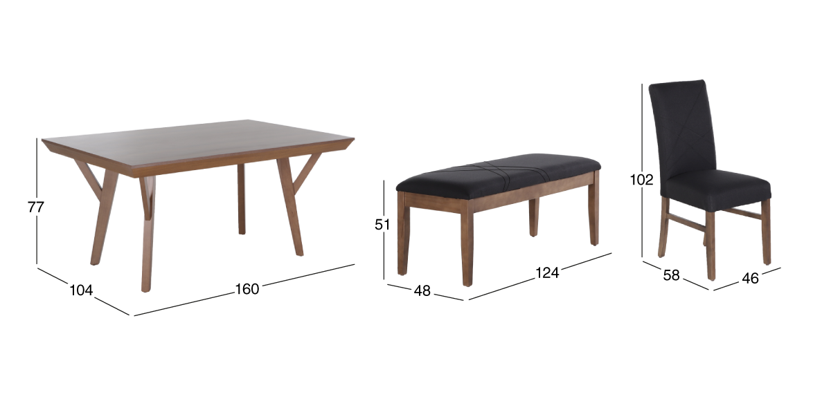 Comedor Matisse con 4 Sillas y Banca Gris