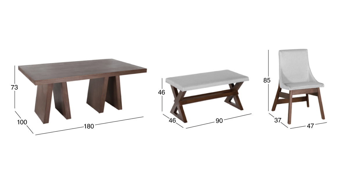 Comedor 180 cm Odette con 4 Sillas y Banca Gris