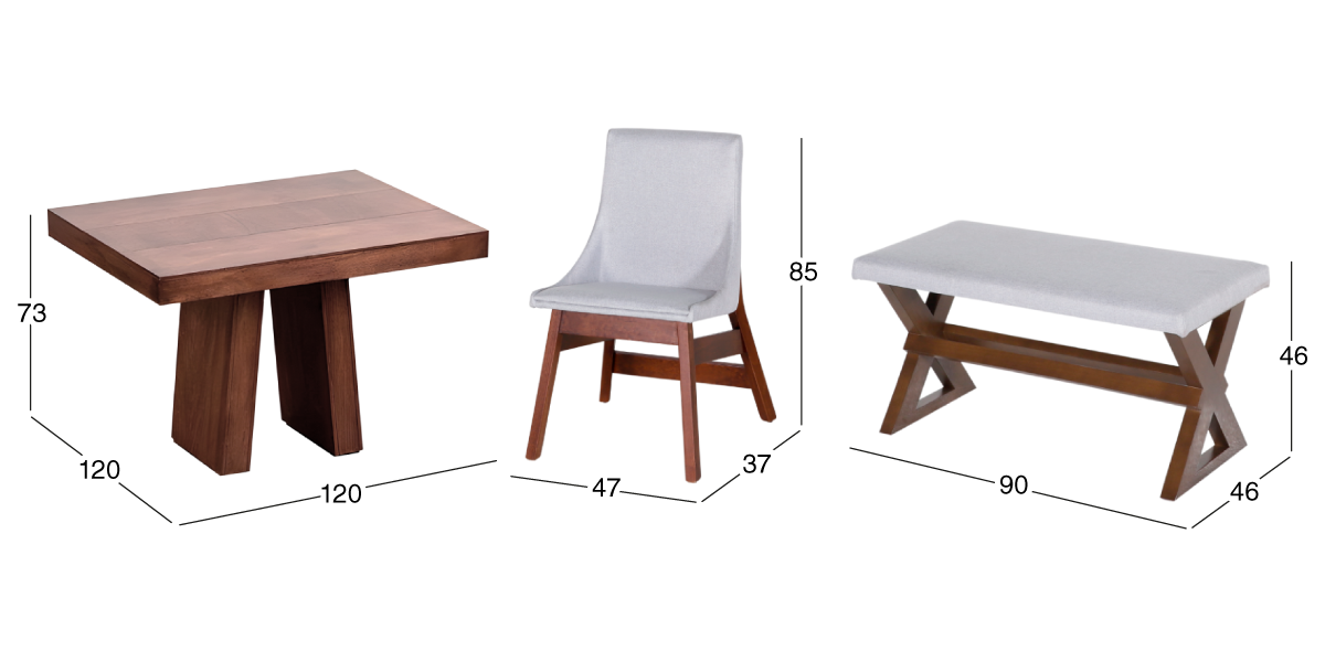 Comedor Cuadrado 120 cm Odette con 4 Sillas y Banca Gris Claro