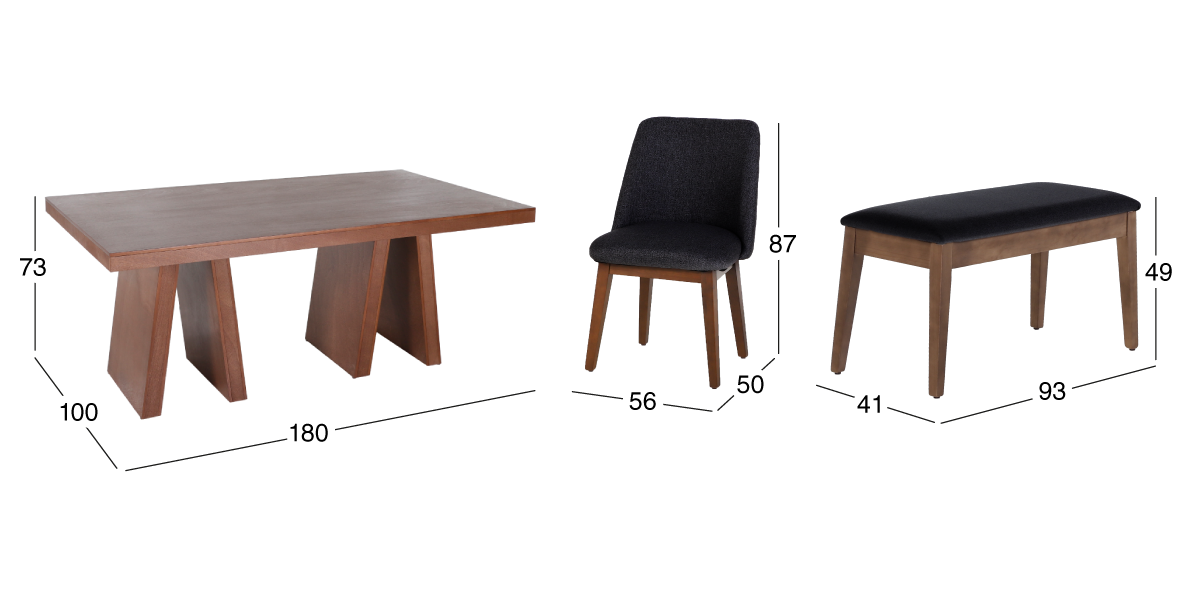Comedor Rectangular 180 cm Odette New con 4 Sillas y 1 Banca Gris Oxford