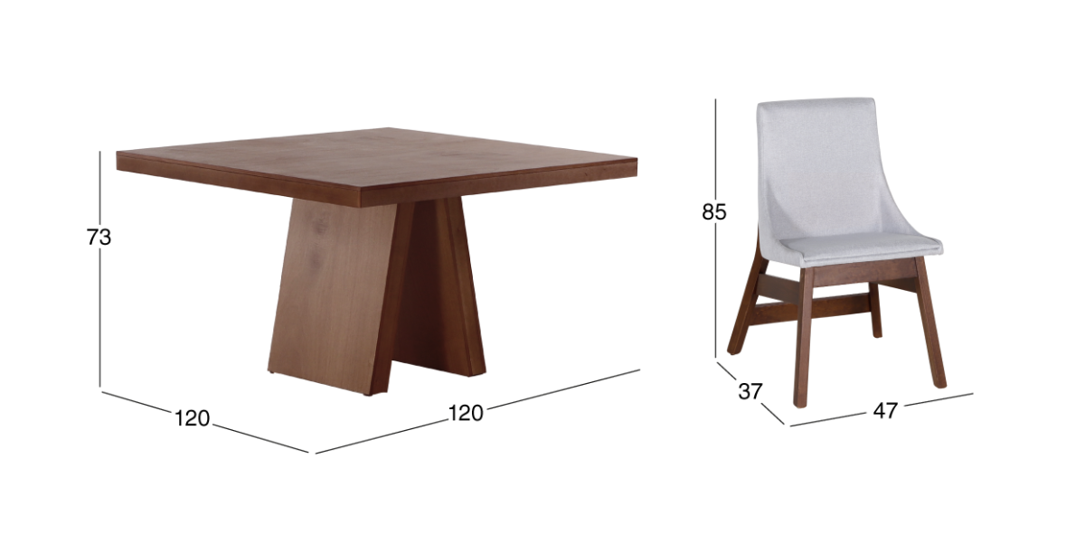 Comedor Cuadrado 120 cm Odette con 4 Sillas Gris