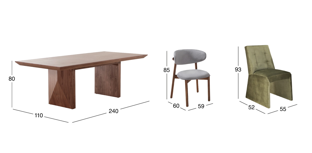 Comedor 240 cm Spezza con 6 Sillas Lynnea Gris y 2 Sillas Spezza Verde
