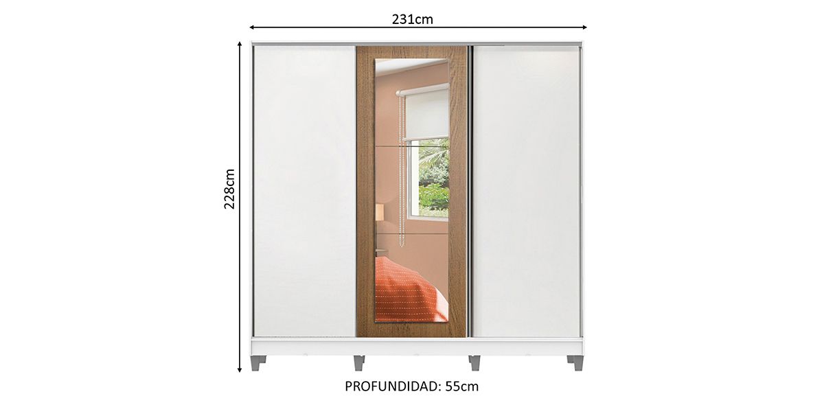 Clóset Ropero Eithan Blanco de 231 cm con Espejo | Armario Organizador