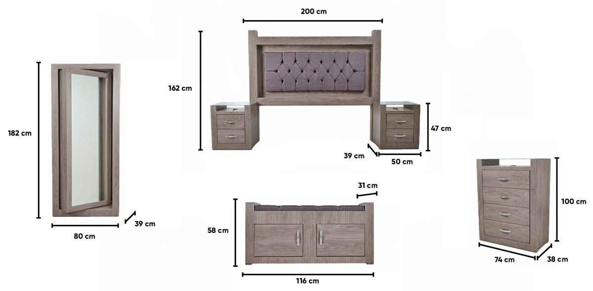 Recámara King Size Mallorca Gris 6 Piezas