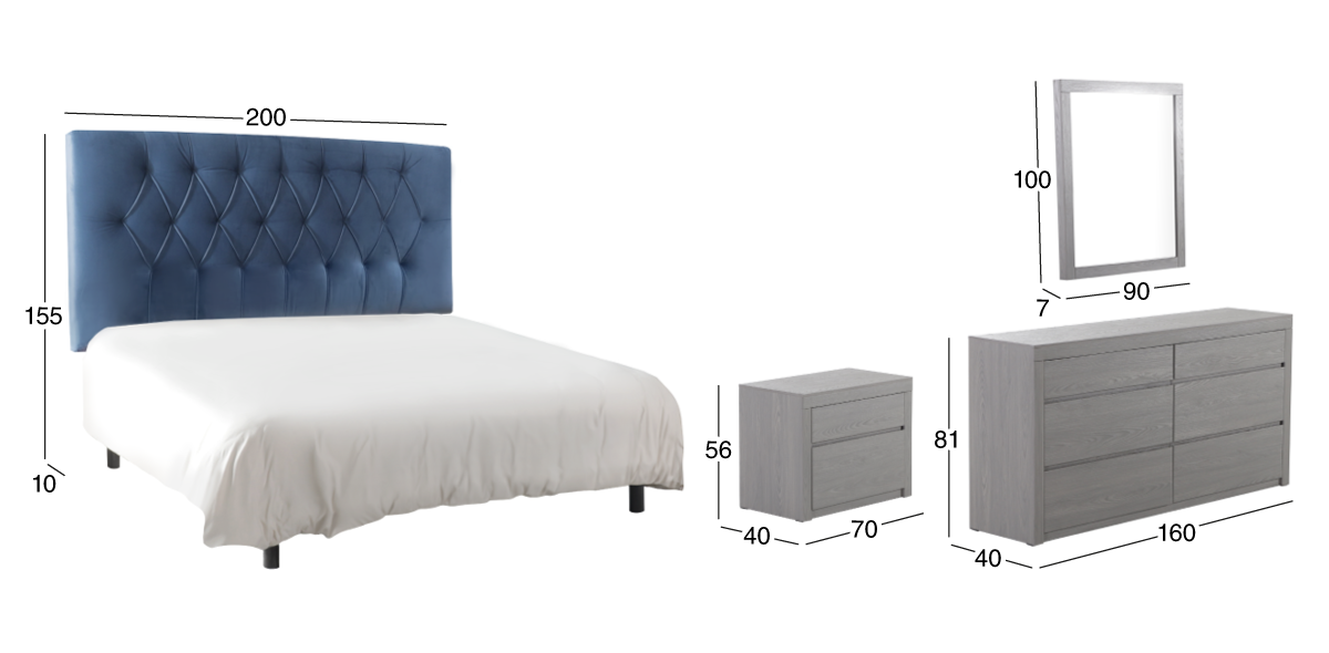 Recámara King Size Siqueiros Azul Tapizada 5 Piezas