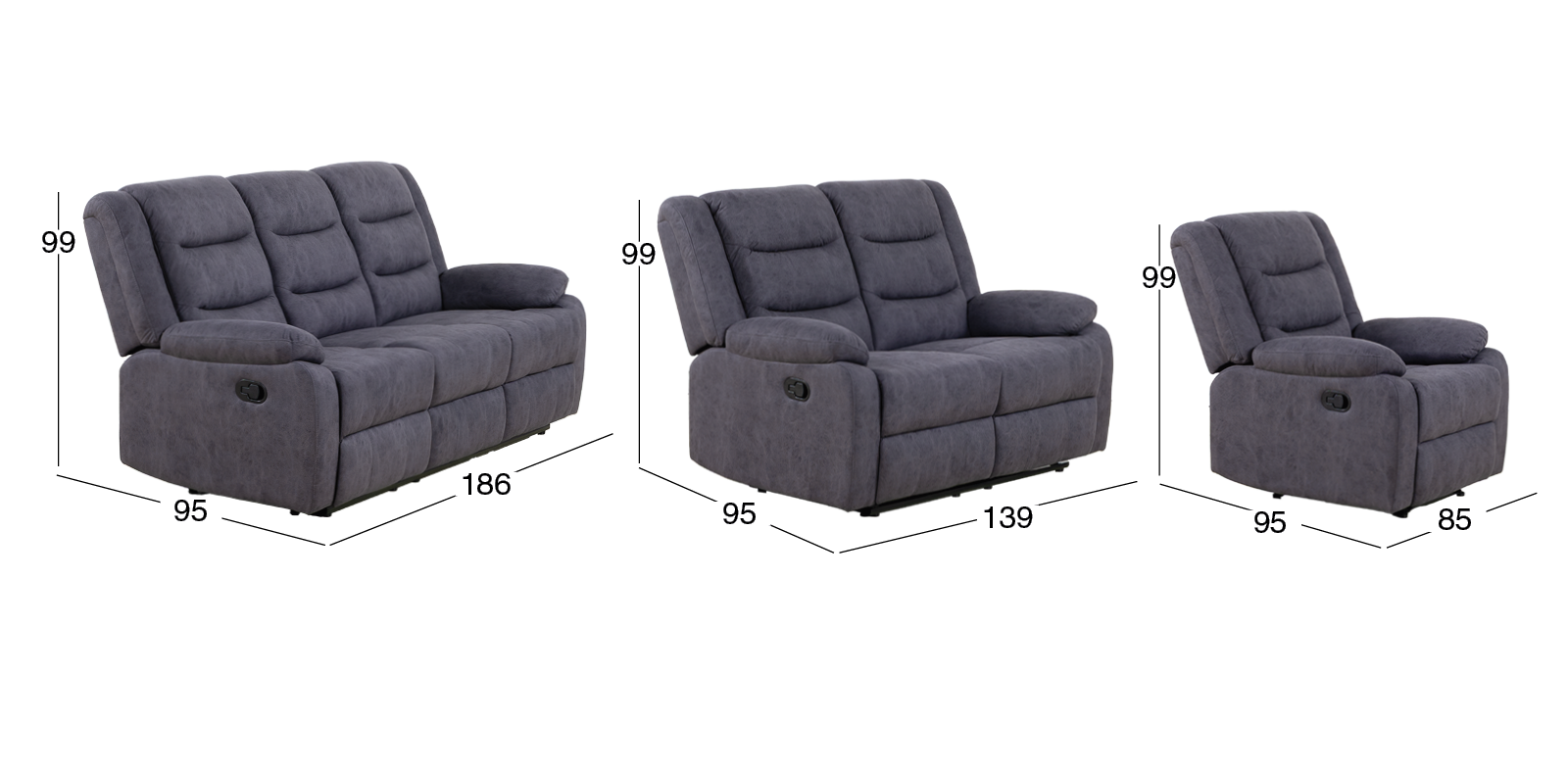 Sala con Reclinables Nori Gris 3 Piezas