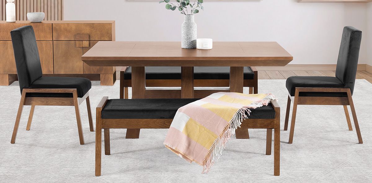 Comedor 160 x 110 cm Kansas con 2 Sillas y 2 Bancas 128 cm Negro