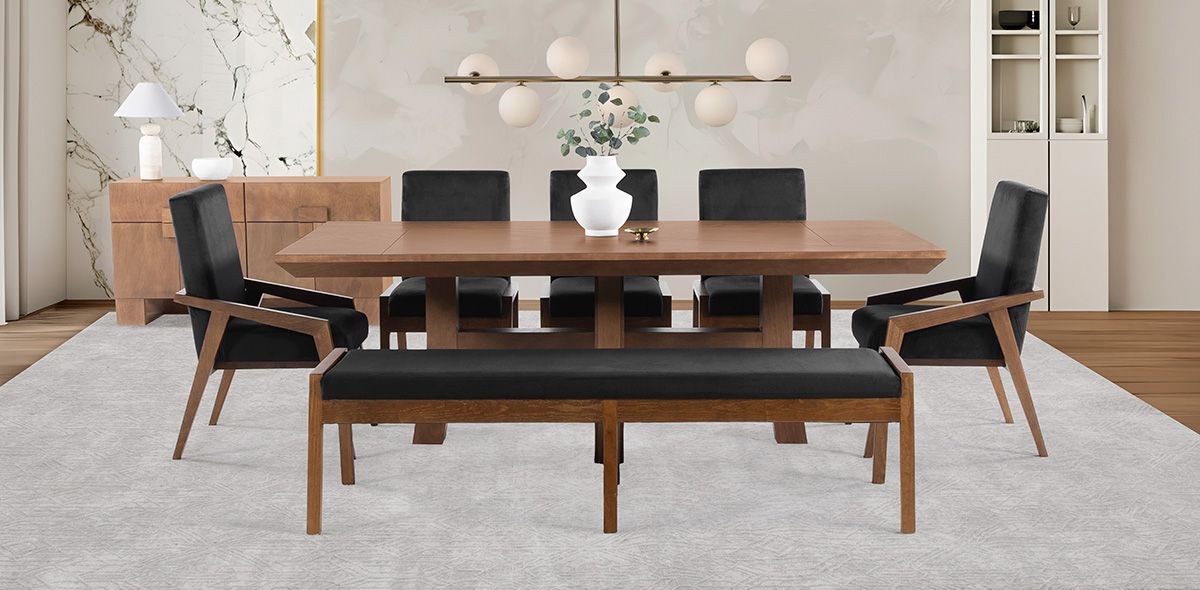 Comedor 220 x 110 cm Kansas con 3 Sillas, 2 Sillones y Banca 180 cm Negro
