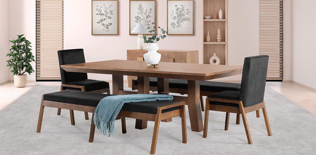 Comedor 220 x 110 cm Kansas con 2 Sillas y 2 Bancas 180 cm Negro