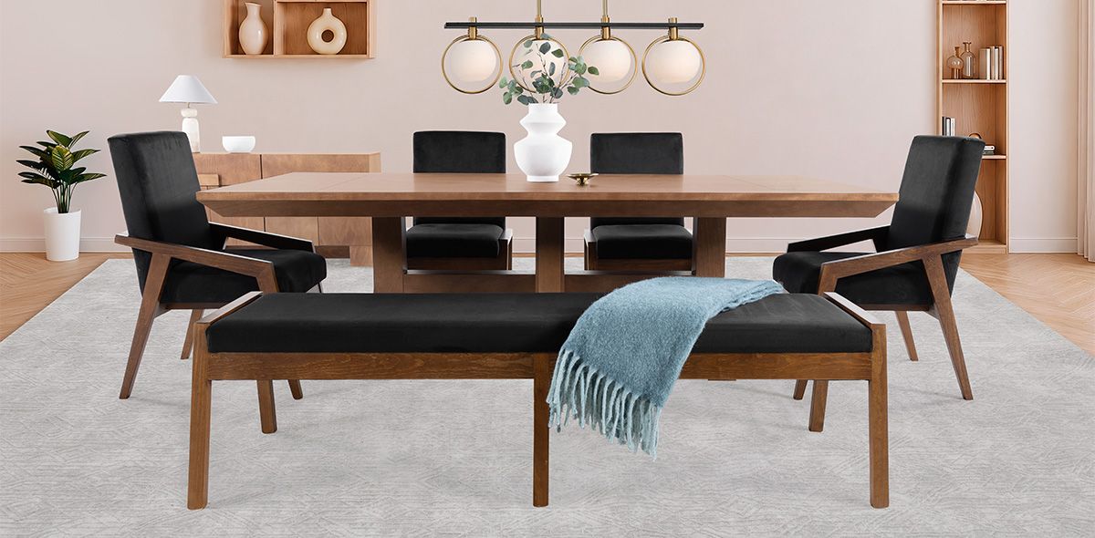 Comedor 220 x 110 cm Kansas con 2 Sillas, 2 Sillones y Banca 180 cm Negro