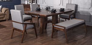 Comedor 160 cm Kansas con 2 Sillas, 2 Sillones y Banca Gris