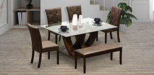 Comedor de Cristal Burj con 4 Sillas y Banca Café