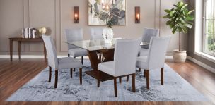 Comedor Rectangular 160 x 130 cm de Cristal Góndola Café y 6 Sillas Gris
