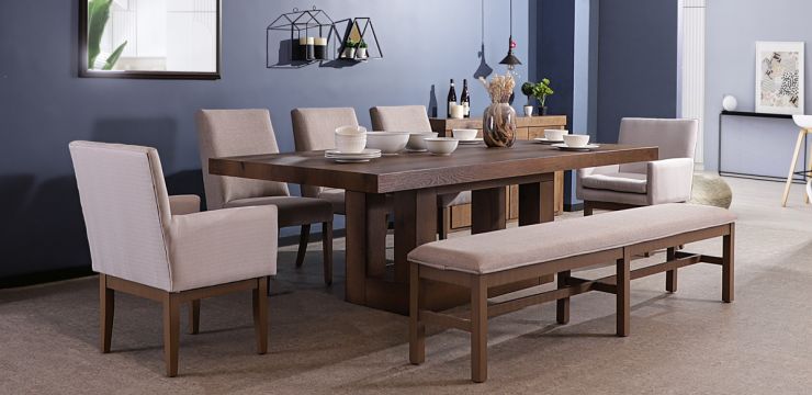 Comedor 240 cm Anka con 3 Sillas, 2 Sillones y Banca 200 cm Beige