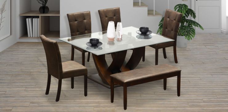 Comedor de Cristal Burj con 4 Sillas y Banca Café