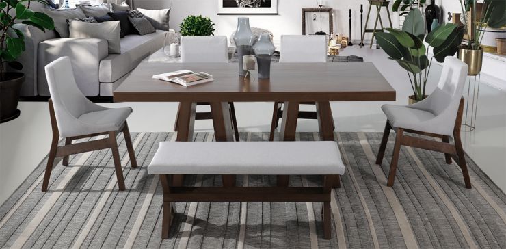 Comedor 180 x 100 cm Odette con 4 Sillas y Banca Gris 110 cm