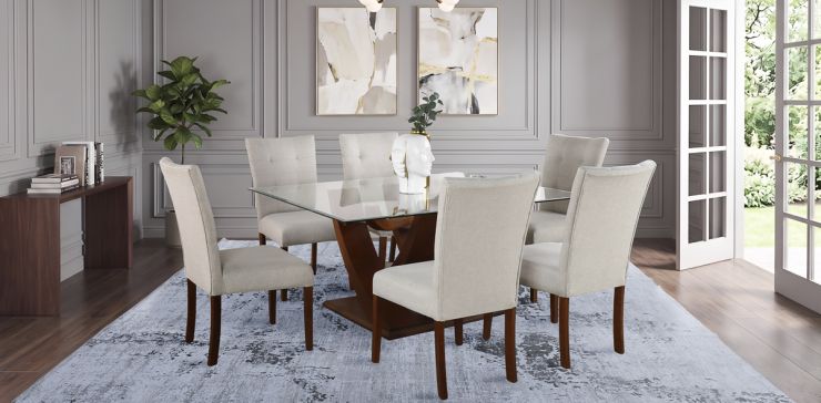 Comedor Rectangular 160 x 130 cm de Cristal Góndola Café y 6 Sillas Beige