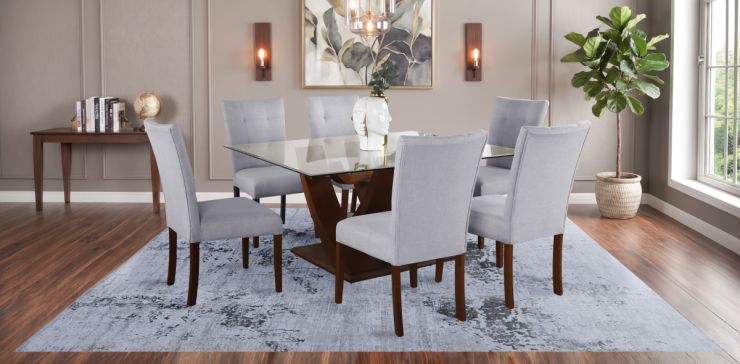 Comedor Rectangular 160 x 130 cm de Cristal Góndola Café y 6 Sillas Gris