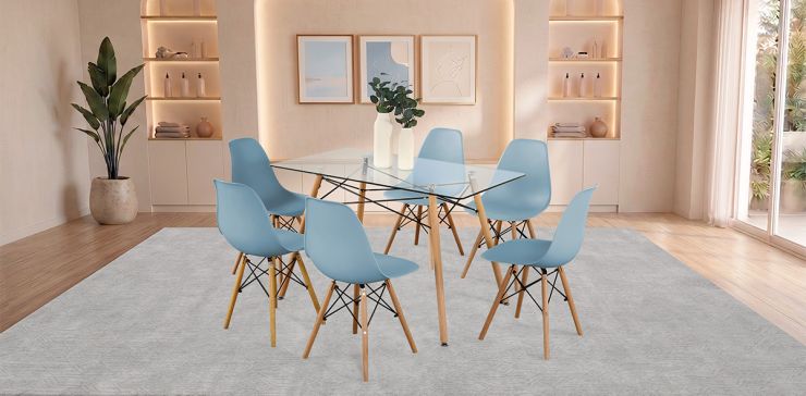 Comedor Rectangular 120 x 70 cm Atlas Natural y 6 Sillas Azul