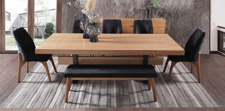 Comedor 240 cm Estocolmo con 5 Sillas y Banca Negro