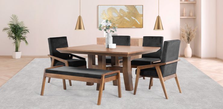 Comedor 160 cm Kansas con 2 Sillas, 2 Sillones y Banca Negro