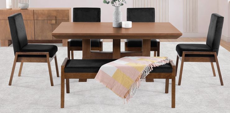 Comedor 160 x 110 cm Kansas con 4 Sillas y Banca 128 cm Negro