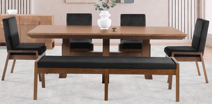 Comedor 220 x 110 cm Kansas con 4 Sillas y Banca 180 cm Negro